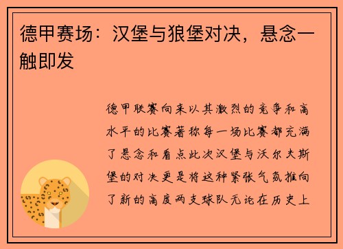 德甲赛场：汉堡与狼堡对决，悬念一触即发